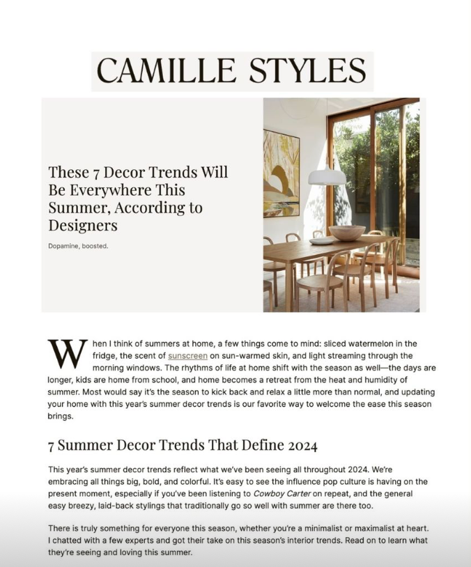 Camille Styles feature: These 7 Decor Trends Will Be Everywhere This Summer